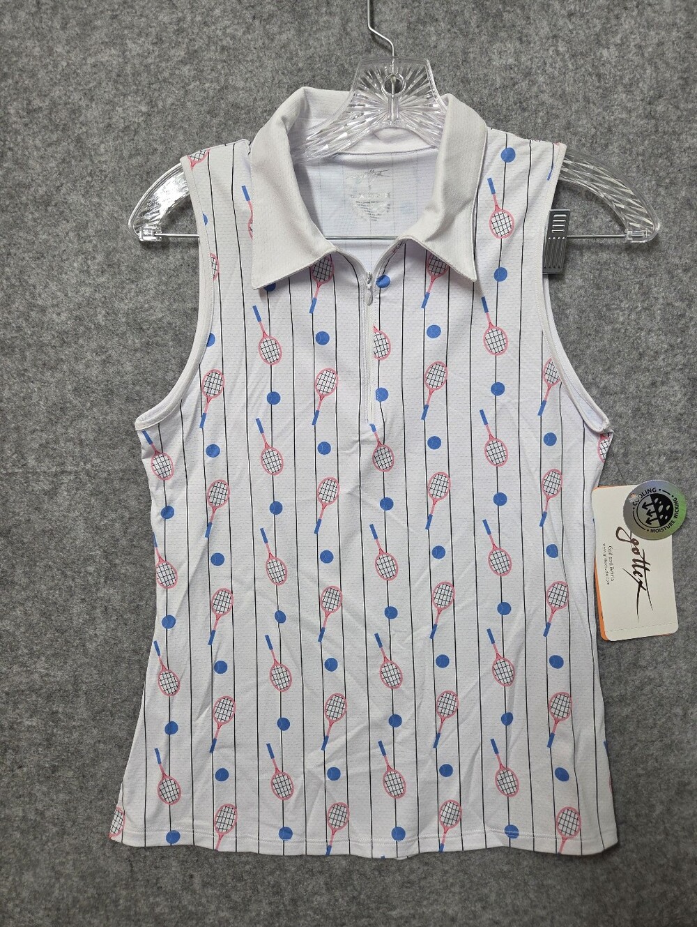 Gottex White Polo Tank with Blue Dot & Pink Tennis Racket Print Small Nwt